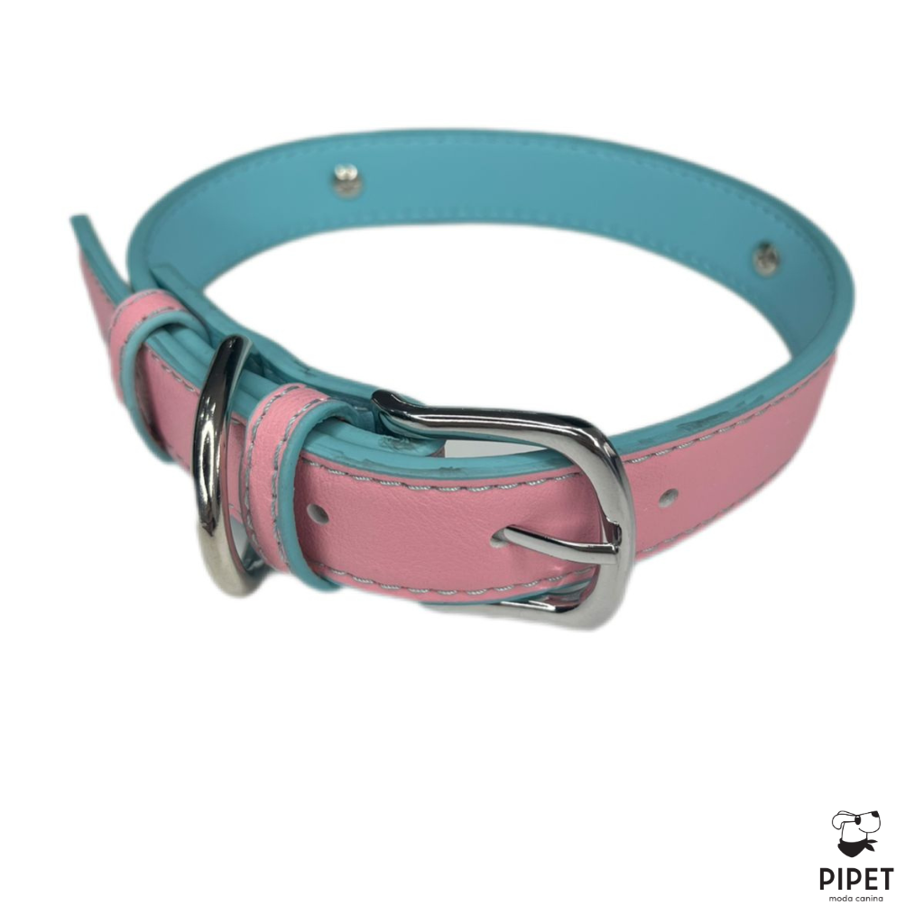 Coleira Personalizada Rosa c/ Azul - Pipet